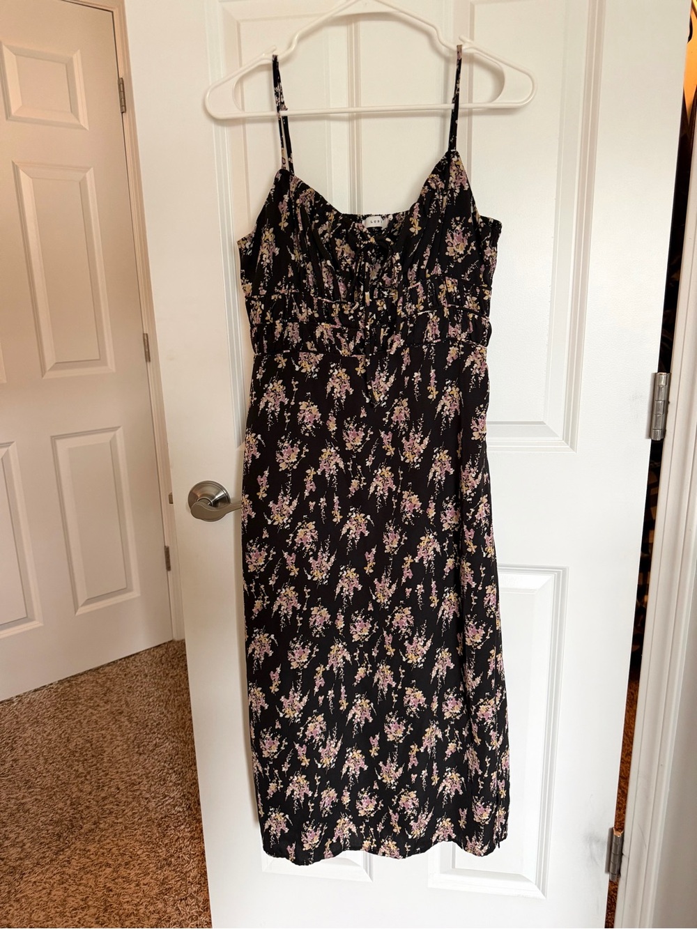 Lush Black Floral Midi Dress with Pink & Cream Accents | Size Medium